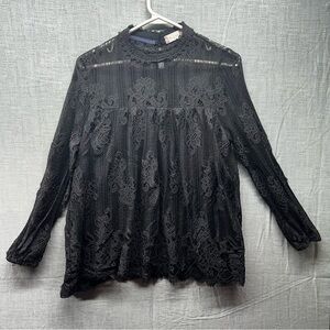 Altar'd State Black Lace Blouse Sheer Lace arms/chest Sz. Medium Flowy scalloped
